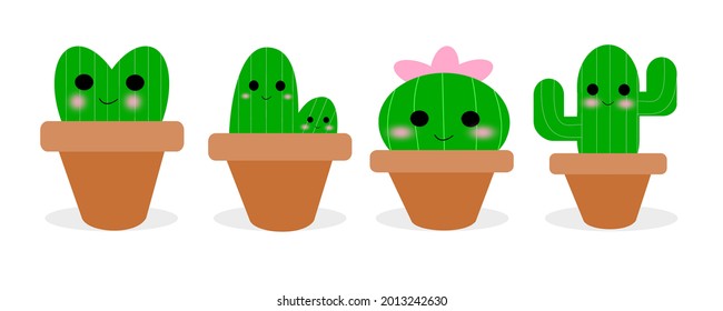 set of isolated funny cactus on white background, vector illustration