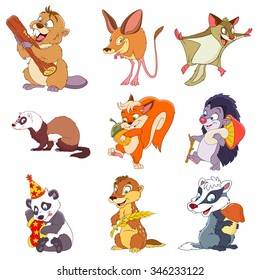 set of isolated funny cartoon beaver with wooden stick, jerboa, flying squirrel, polecat, squirrel with acorn, hedgehog with mushroom, xmas panda, groundhog with ear of corn, badger with mushroom