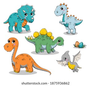 Set of isolated funny cartoon dinosaurs. Vector illustration isolated on white background