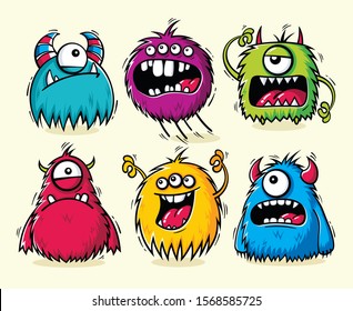 Set of isolated funny cartoon furry monsters with different emotions