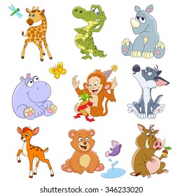 set of isolated funny cartoon icons of giraffe with dragonfly, crocodile, shy rhino, hippo with butterfly, xmas monkey with pineapple, lonely howling wolf, young deer, bear with fish, boar with acorn