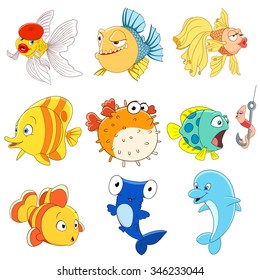 set of isolated funny cartoon icons of goldfish, piranha, butterfly fish, blow-fish, worm kissing a fish, clown-fish, hammerhead and dolphin