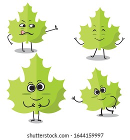 Set of isolated funny cartoon leaves. Vector illustration of forest creatures, autumn leaf, Cartoon face expressions. Season set.