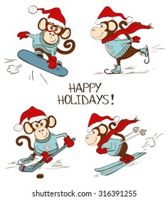 Set of isolated funny cartoon monkey icons doing winter sports. Skating, skiing, snowboarding and hockey. 