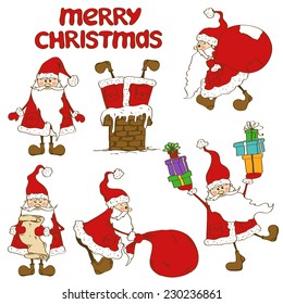 Set of isolated funny cartoon Santa Claus icons and text Merry Christmas