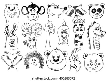 Set of isolated funny cartoon smiling animal face icons. Creative avatars. Sketch animal face characters.