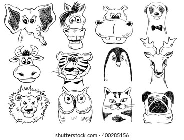 Set of isolated funny cartoon smiling animal face icons. Creative avatars. Sketch animal face characters.