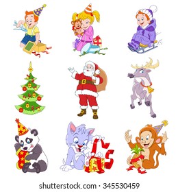 set of isolated funny cartoon xmas icons of children, santa claus, reindeer, panda, monkey, cat, new year tree