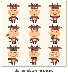 Set of isolated funny cow in different emotions and poses in cartoon style.