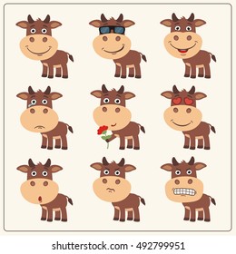 Set of isolated funny cow in different emotions in cartoon style.