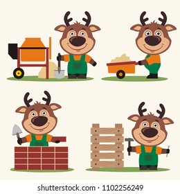 Set of isolated funny deer builder in cartoon style: concrete mixer, wheelbarrow, at brick wall and with hammer near wooden structure.