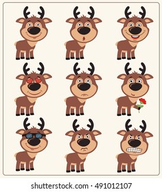Set of isolated funny deer in different emotions in cartoon style.