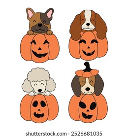 set of isolated funny dogs pumpkin Halloween