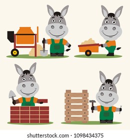 Set of isolated funny donkey builder in cartoon style: concrete mixer, wheelbarrow, at brick wall and with hammer near wooden structure.