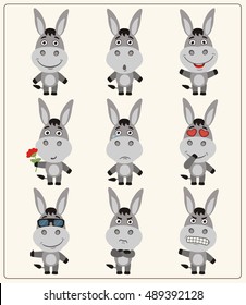 Set of isolated funny donkey in different emotions and poses in cartoon style.