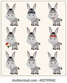 Set of isolated funny donkey in different emotions in cartoon style. 