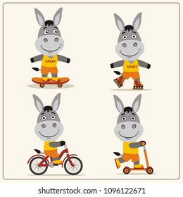 Set of isolated funny donkey on bike, skateboard, scooter and roller skates.