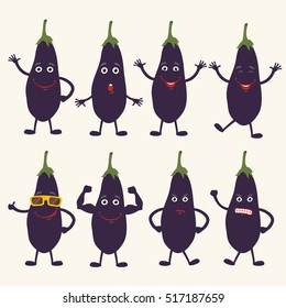 Set of isolated funny eggplant in different poses and emotions in cartoon style.