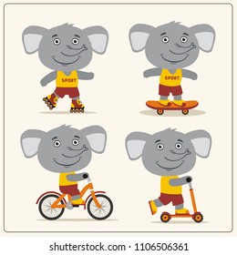 Set of isolated funny elephant on bike, skateboard, scooter and roller skates.