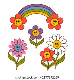 set of isolated funny  flowers and rainbow