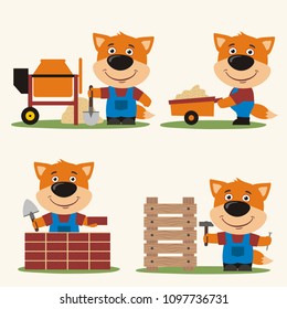 Set of isolated funny fox builder in cartoon style: concrete mixer, wheelbarrow, at brick wall and with hammer near wooden structure.