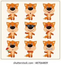 Set of isolated funny fox in different emotions and poses in cartoon style.