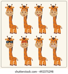 Set of isolated funny giraffe in different emotions in cartoon style.