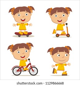 Set of isolated funny girl on bike, skateboard, scooter and roller skates.