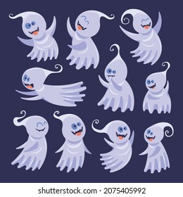 Set of isolated funny happy ghost icons with cartoon style characters of emotional ghosts in nightcaps vector illustration