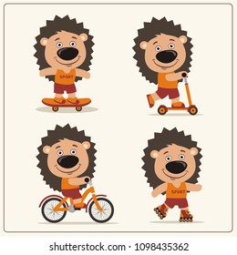 Set of isolated funny hedgehog on bike, skateboard, scooter and roller skates.