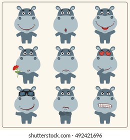 Set of isolated funny hippo in different poses in cartoon style.