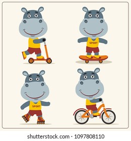 Set of isolated funny hippo on bike, skateboard, scooter and roller skates.