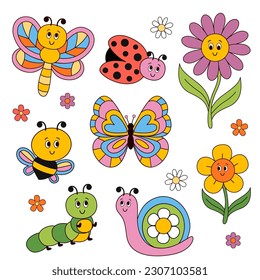 set of isolated funny insects and flowers