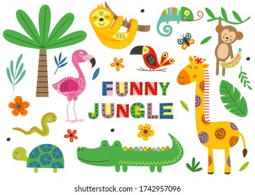 set of isolated funny jungle animals part 1
 -  vector illustration, eps
