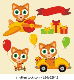 Set isolated funny kitten in cartoon style for holiday design with balloons and gifts.