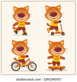 Set of isolated funny kitten cat on bike, skateboard, scooter and roller skates.