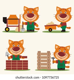 Set of isolated funny kitten cat builder in cartoon style: concrete mixer, wheelbarrow, at brick wall and with hammer near wooden structure.