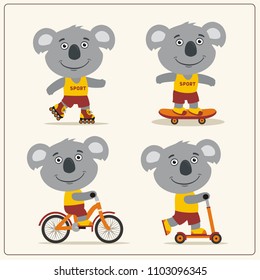 Set of isolated funny koala bear on bike, skateboard, scooter and roller skates.