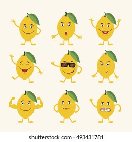 Set of isolated funny lemon in different pose and emotion in cartoon style.