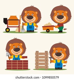 Set of isolated funny lion builder in cartoon style: concrete mixer, wheelbarrow, at brick wall and with hammer near wooden structure.