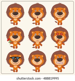 Set of isolated funny lion in different emotions and poses in cartoon style.