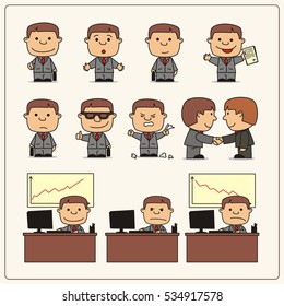 Set of isolated funny manager and businessman in different poses in cartoon style.