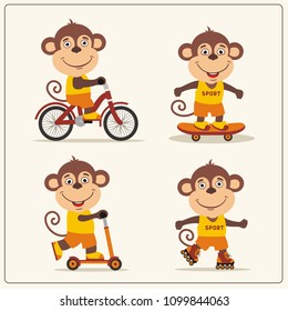 Set of isolated funny monkey on bike, skateboard, scooter and roller skates.