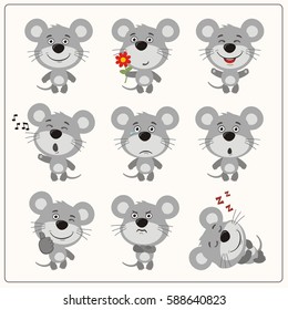 Set Of Isolated Funny Mouse In Different Poses In Cartoon Style.