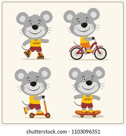 Set of isolated funny mouse on bike, skateboard, scooter and roller skates.