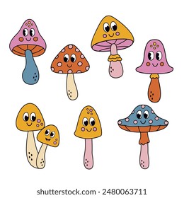 set of isolated funny mushrooms