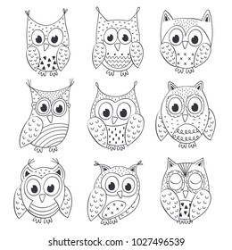 set of isolated funny owls black and white - vector illustration, eps
