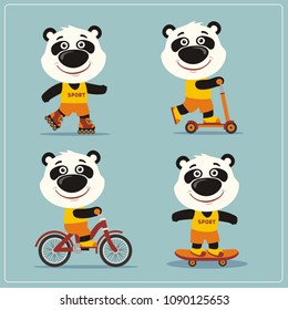 Set of isolated funny panda bear on bike, skateboard, scooter and roller skates.