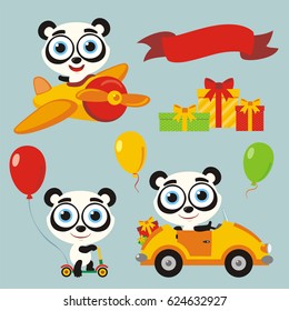 Set isolated funny panda in cartoon style for holiday design with balloons and gifts.
