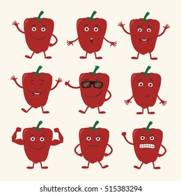 Set of isolated funny paprika in different poses and emotions in cartoon style. 
